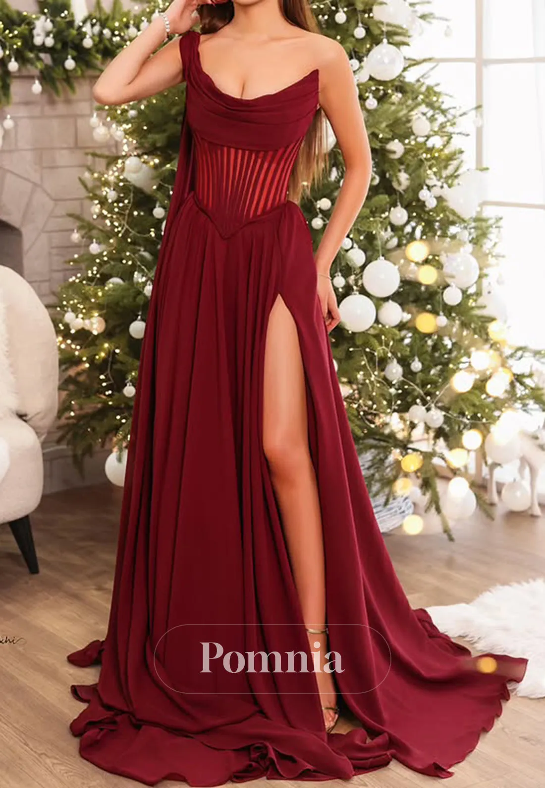 One Shoulder Sleeveless Prom Dress with Slit Corset Evning Party Dress