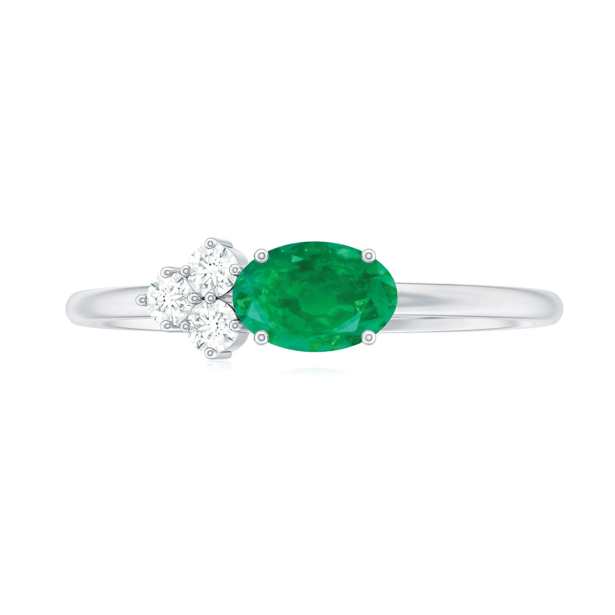 Oval Emerald Minimal East West Ring with Diamond Trio