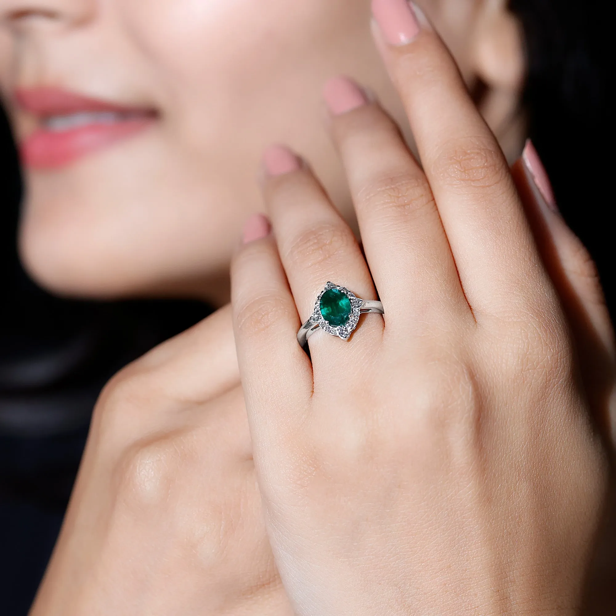 Oval Shape Emerald Vintage Inspired Engagement Ring with Diamond