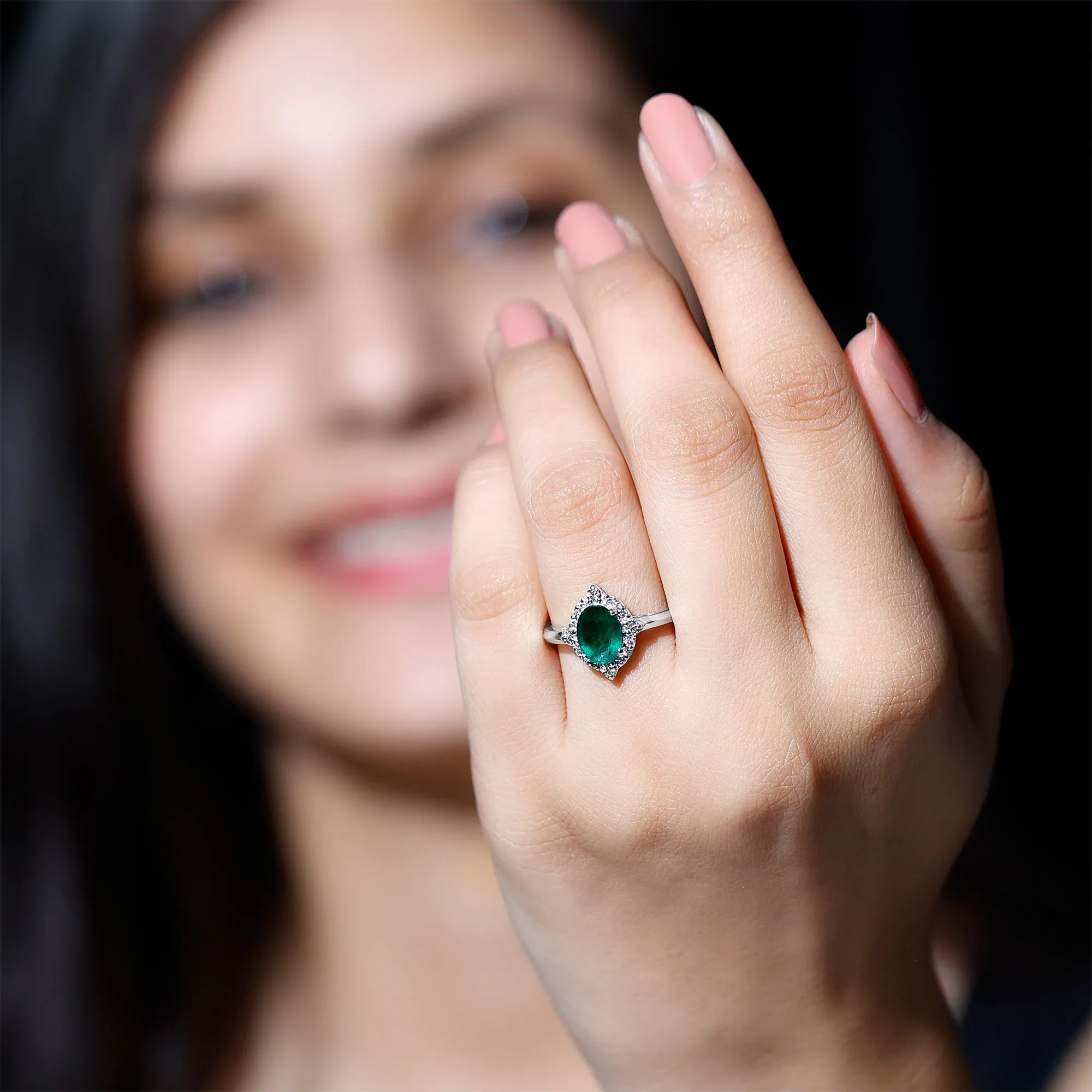 Oval Shape Emerald Vintage Inspired Engagement Ring with Diamond