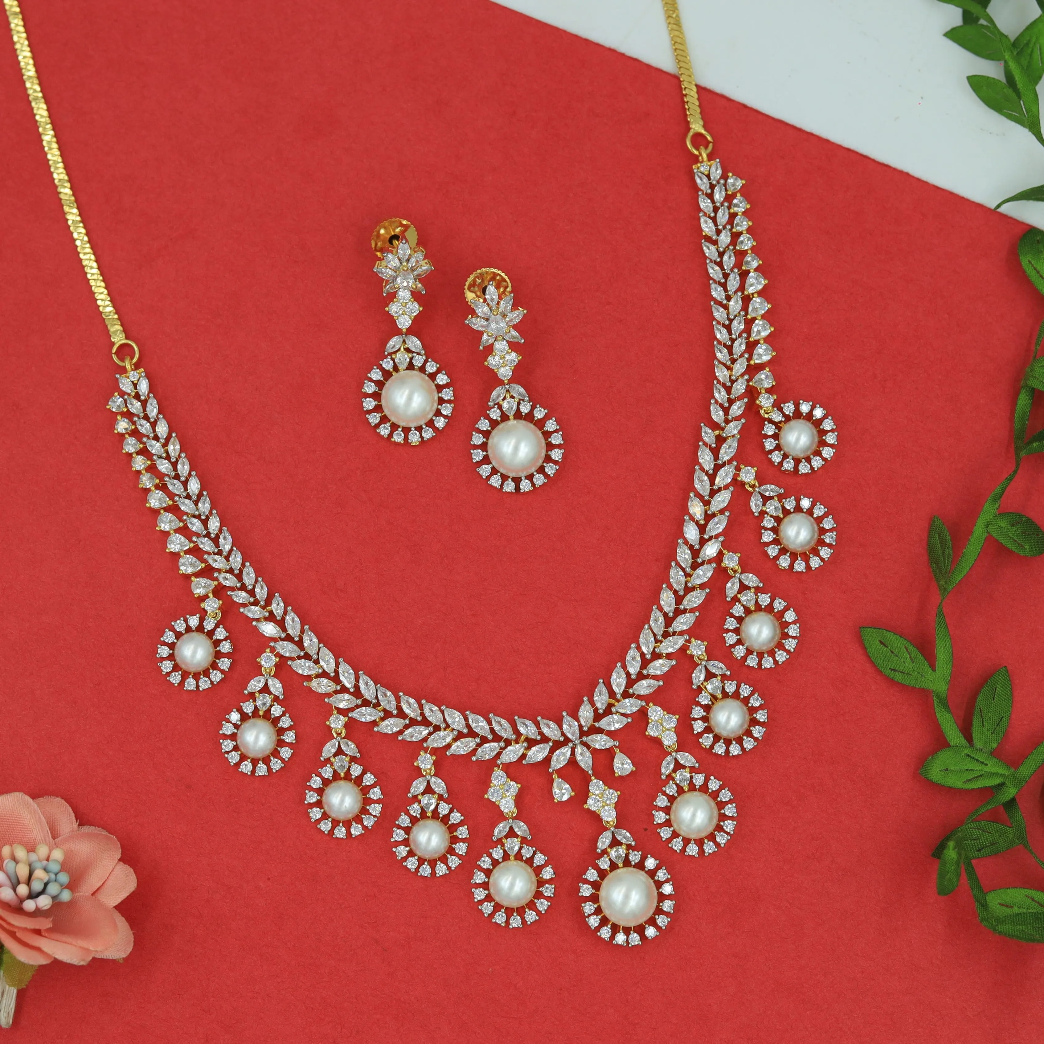 Pearl Round Neck Zircon/AD Necklace Set 16234-69