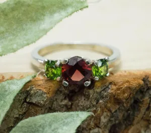 Pyrope Garnet and Green Zircon Ring; Genuine Untreated Garnet and Zircon