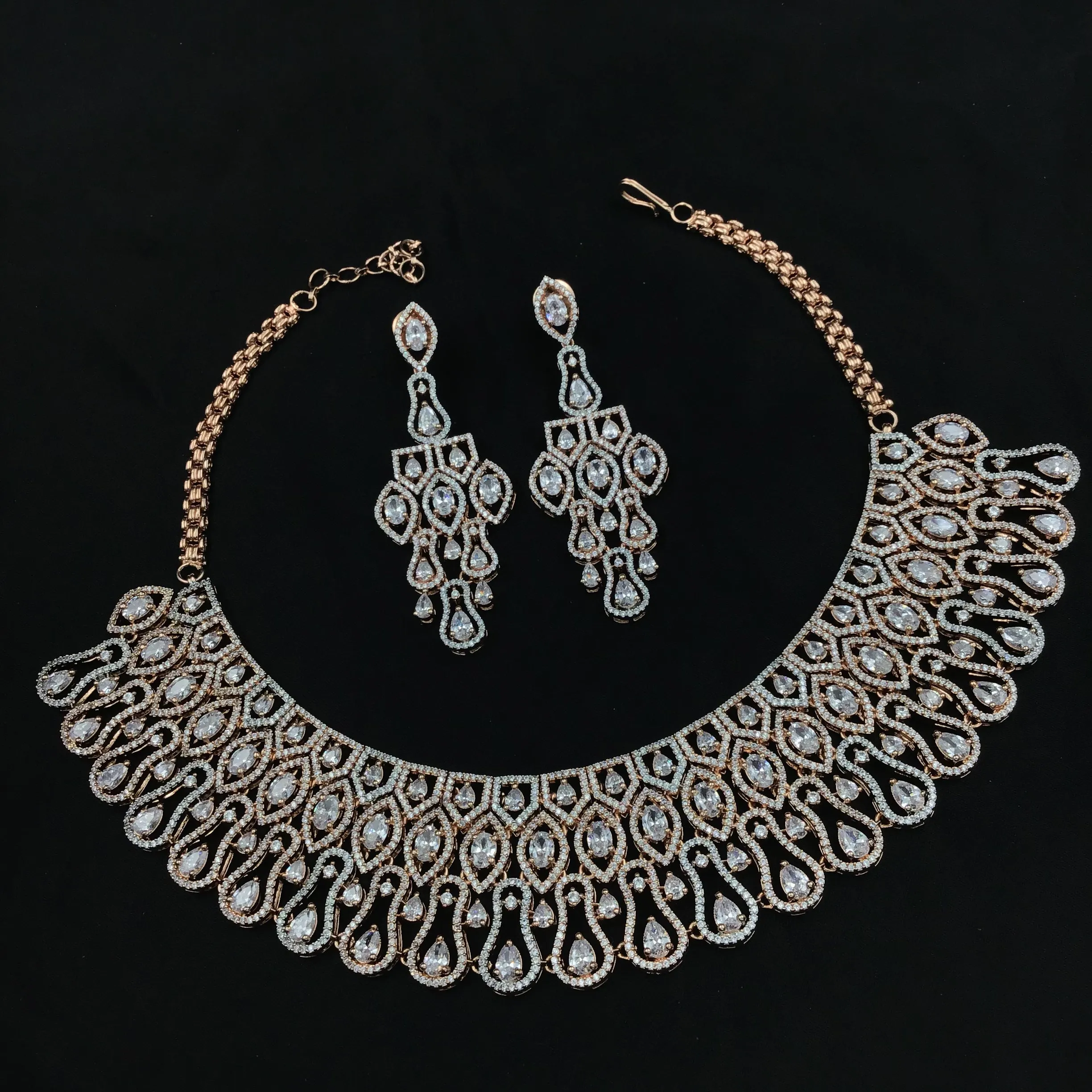 Rose Gold Zircon/AD Necklace Set 18455-5637