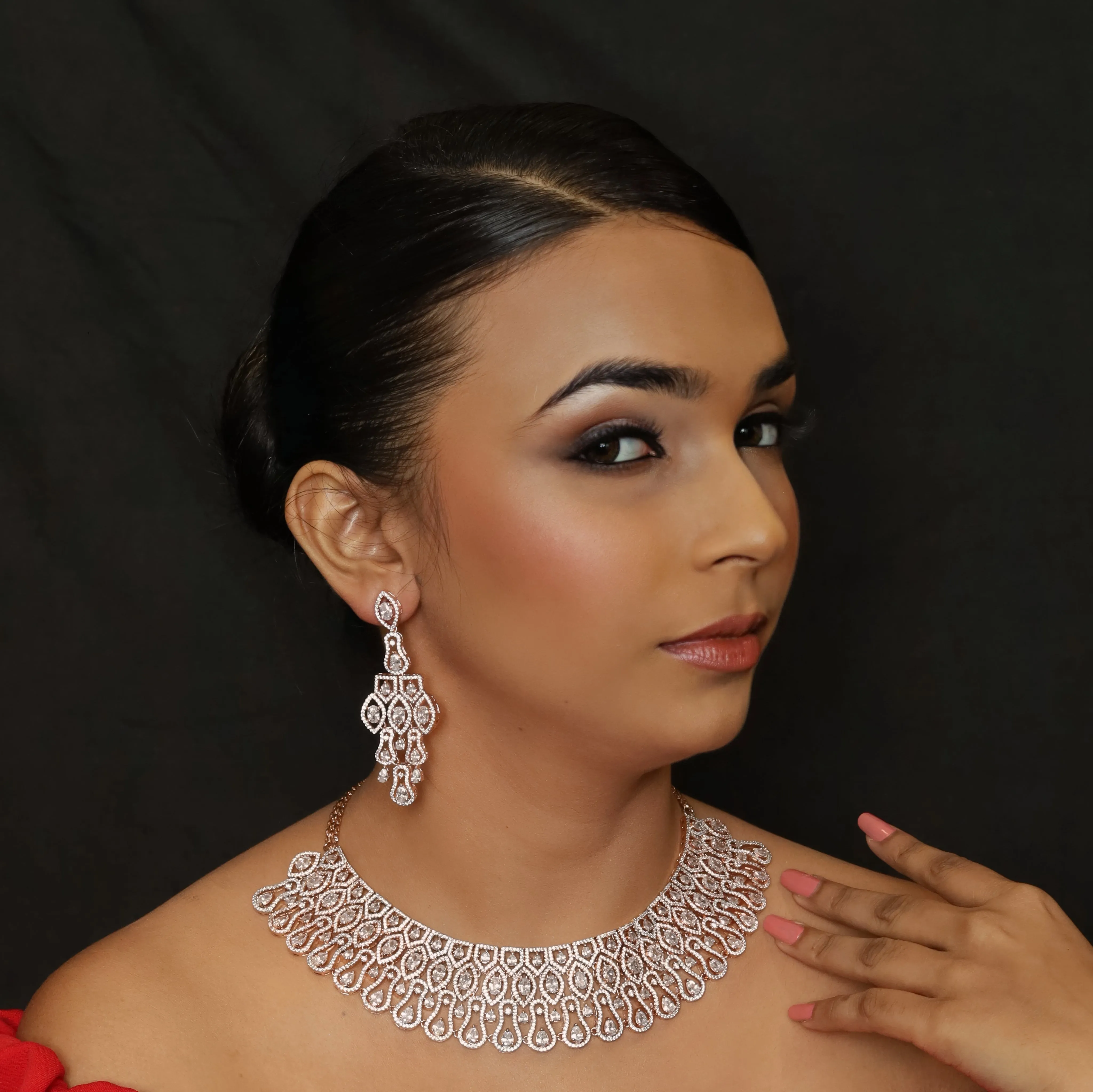Rose Gold Zircon/AD Necklace Set 18455-5637