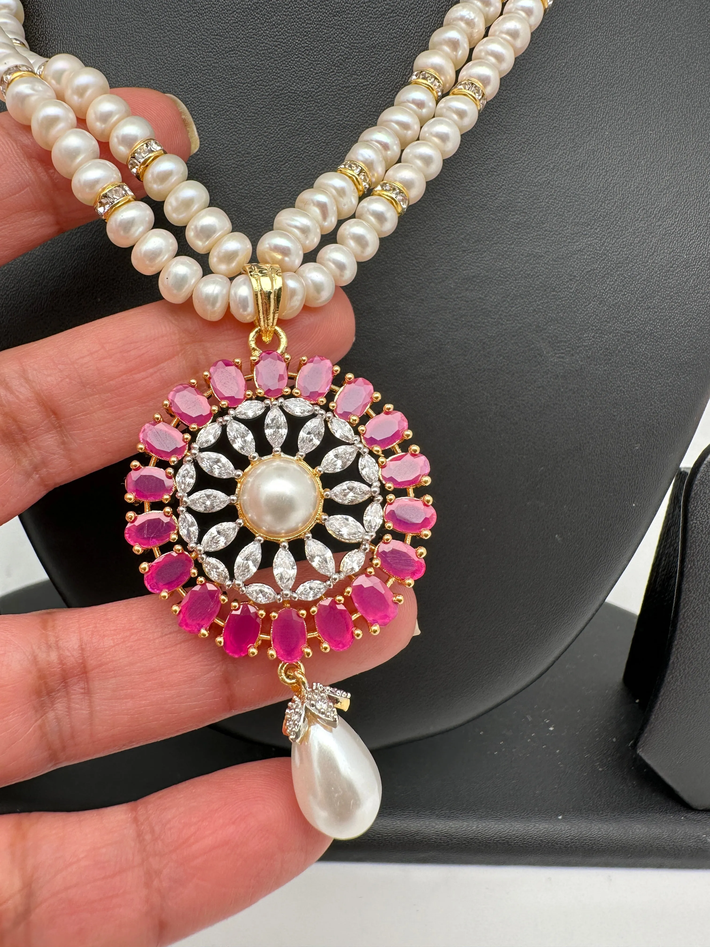 Ruby Red Stone AD Pendent Double Line Real Freshwater Pearls Necklace