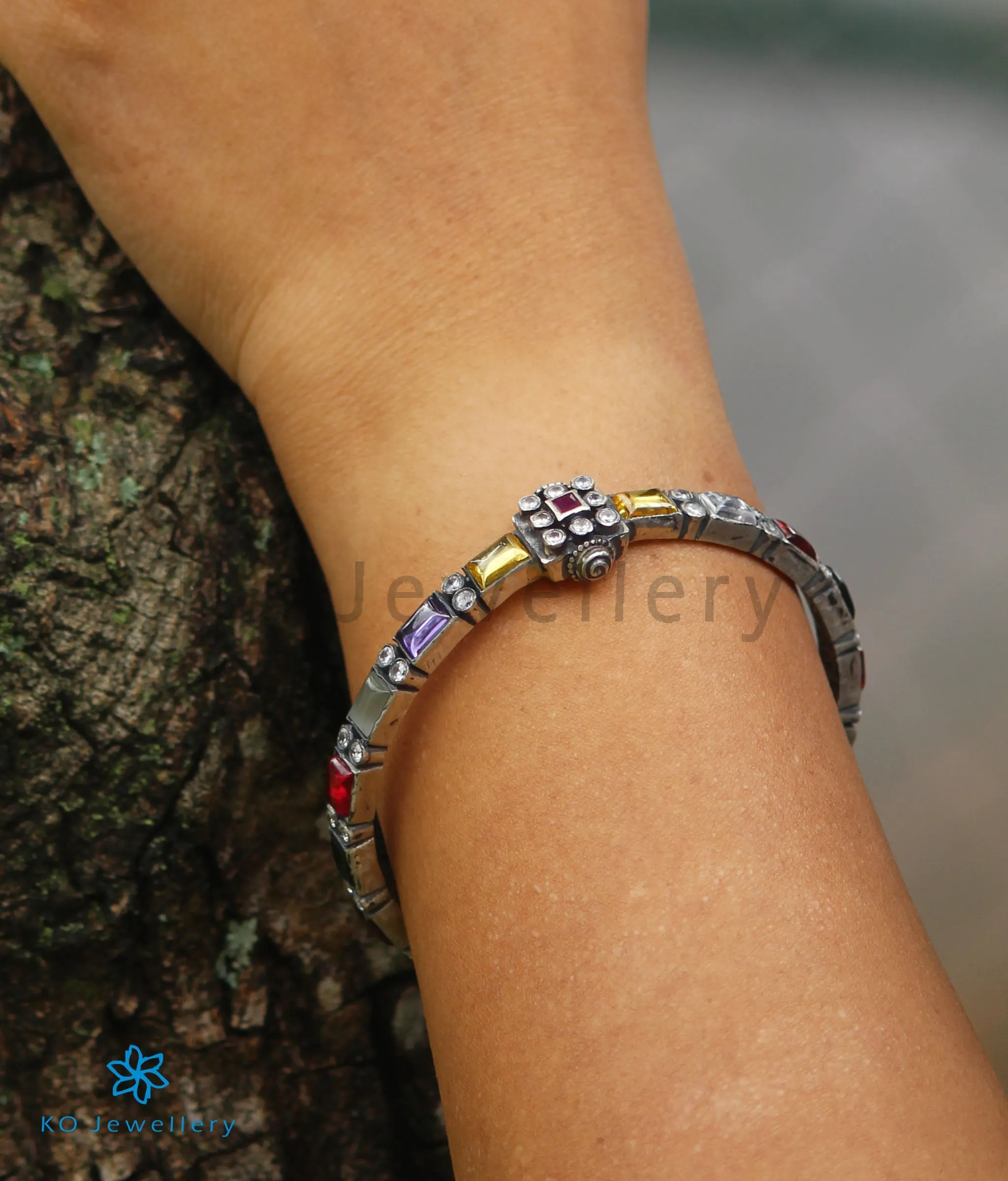 The Sattva Silver Navratna Bracelet (Oxidised/Size 2.2/2.4/2.6)