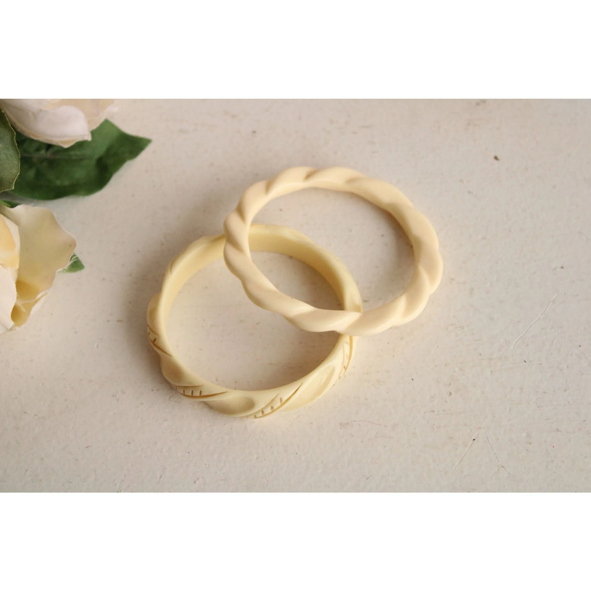 Vintage Cream Carved Stacking Bangle Bracelet